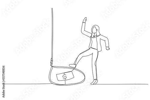 Illustration of business woman tricked with money bait get trap because greedy. Continuous line art