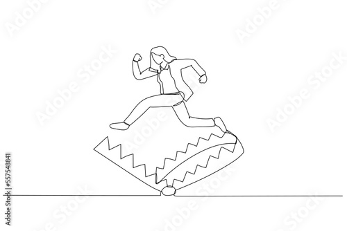 Drawing of business woman jump over trap metaphor of avoid scam business project. One line style art