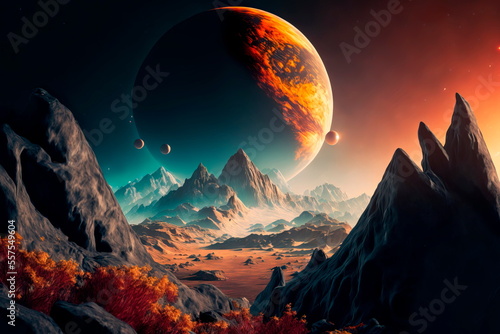 Space landscape view from surface of planet. Martian surface of planet, fantasy sharp rocks