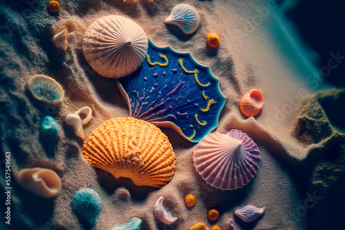 Summer vacation . Beautiful seashells and starfish on beach sand