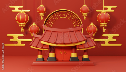 3D rendering of 2023 Chinese new year decoration banner. Chinese lanterns and traditional gate.