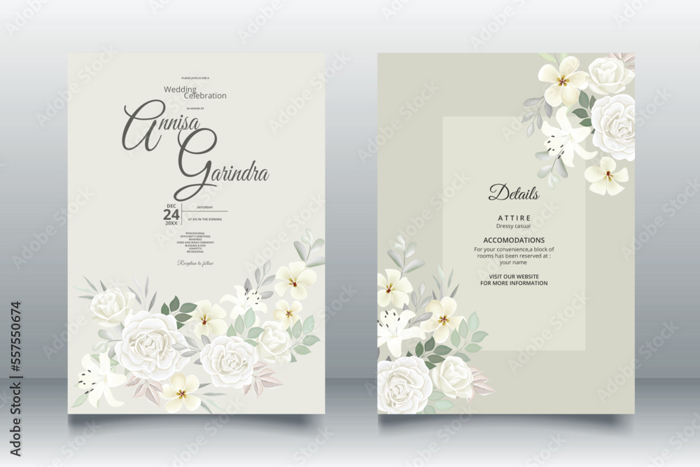  Wedding invitation card template set with beautiful white  floral leaves Premium Vector