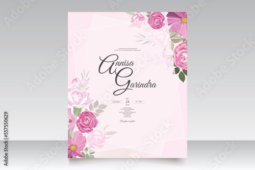  Beautiful magenta floral frame wedding invitation card template Premium Vector