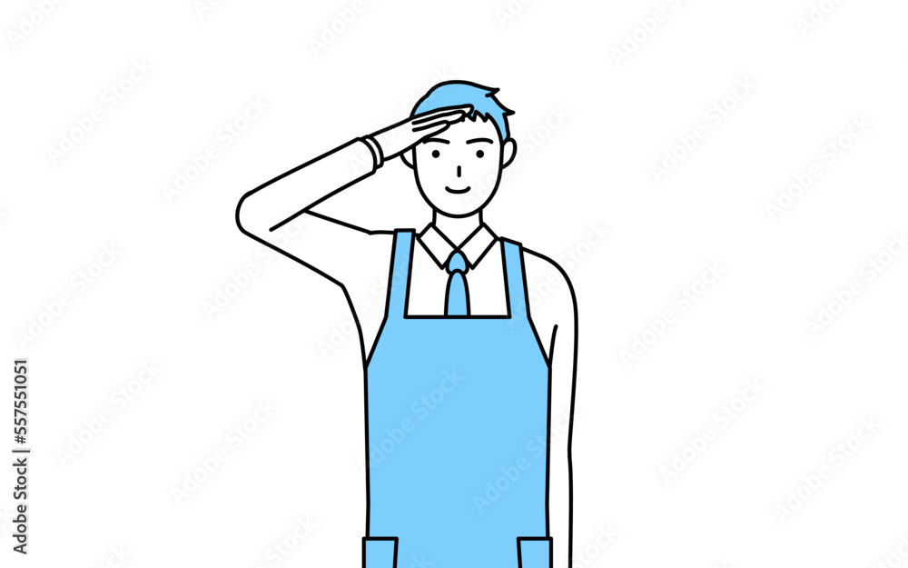 最敬礼するエプロンを着た男性