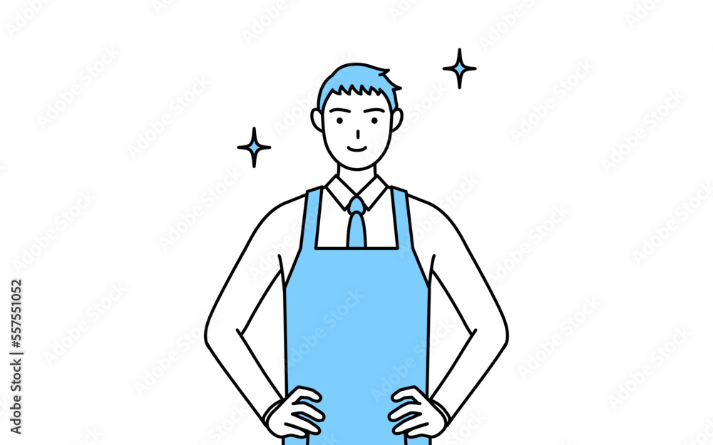 両手を腰に当てたエプロンを着た男性