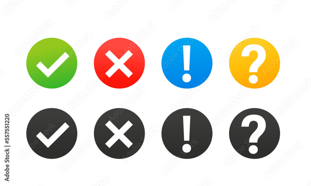 Collection round buttons with sign done, error, question mark, exclamation point. Set black and colorful badges for website and mobile apps isolated on white. Vector illustration Collection round buttons with sign done, error, question mark, exclamation point. Set black and colorful badges for website and mobile apps isolated on white. Vector illustration