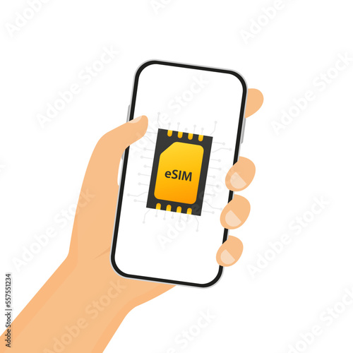 A hand holding a mobile device with a eSIM chip. sim card chip. The concept of a built-in eSIM card. Mobile communication technology. Vector illustration