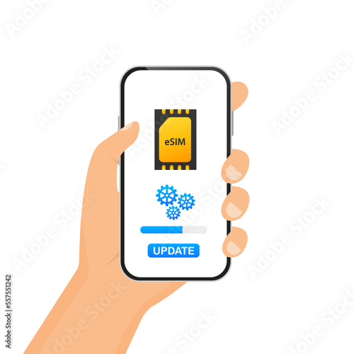 A hand holding a mobile device with a eSIM chip. sim card chip. The concept of a built-in eSIM card. Mobile communication technology. Vector illustration