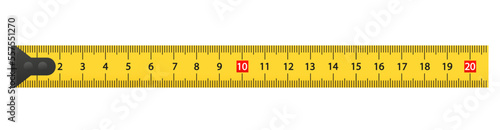 Measure tape with cm. Yellow ruler with scale metric. Tapeline with millimeter, centimeter and meter. Metal long measure tape with professional precision for construction and carpentry