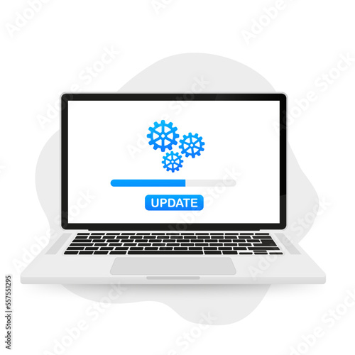 System update. Concept of system software update on laptop. Improved version of the software. Download the program from the Internet cloud, install and update. Icon system. Vector illustration