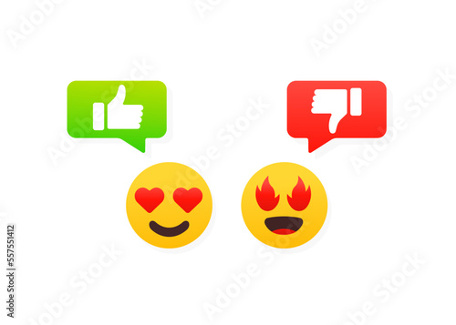 Social media with positive emoticon, great, thumbs up and thumbs down. The hand symbol is good. Signs for notification, message, voting, social applications. Vector illustration