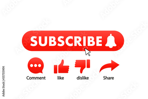Subscription, bell button cursor.Like, comment, dislike, share. Red subscribe button for channel, blog. Background of social networks. Marketing. Vector illustration