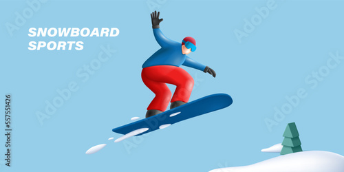 Snowboard jump race snowboarder 3d render character illustration poster, hi five gesture