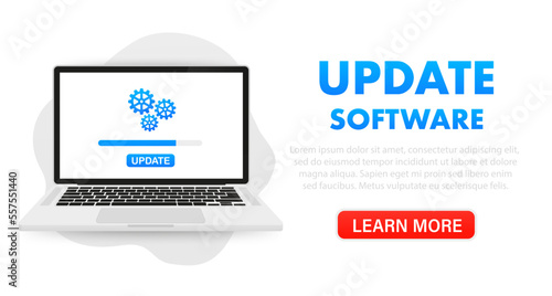 System software update and download process concept on laptop screen, flat. New software installation, operating system support. Vector illustration