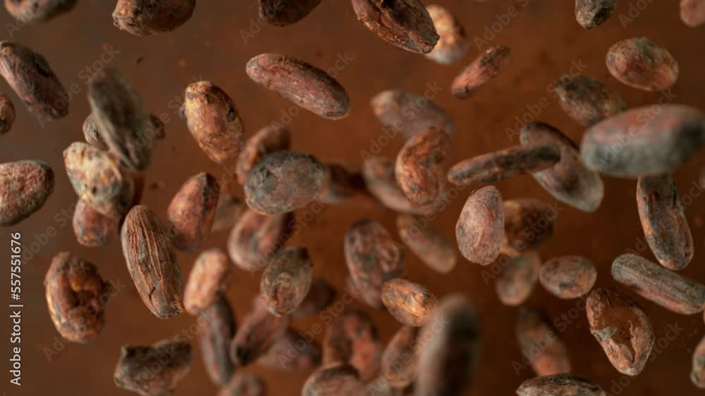 Super Slow Motion Shot of Flying Raw Whole Cocoa Beans After Being Exploded on Black Background at 1000 fps. Super Slow Motion Shot of Flying Raw Whole Cocoa Beans After Being Exploded on Black Background at 1000 fps.