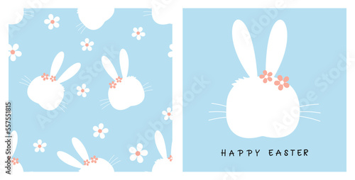 Seamless pattern with bunny rabbit and daisy flower on blue background. Easter card with bunny cartoon and hand written fonts vector.