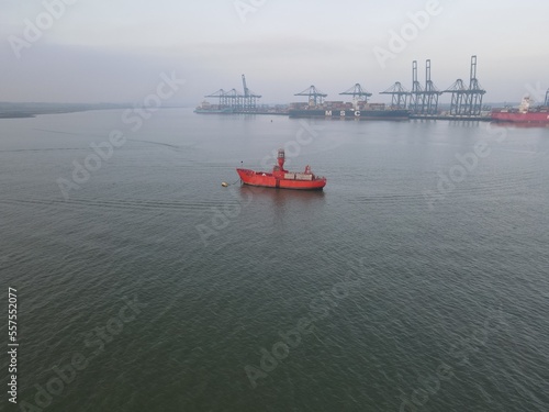 Lighthouse ship moored on river Stour Harwich England drone aerial view © steve