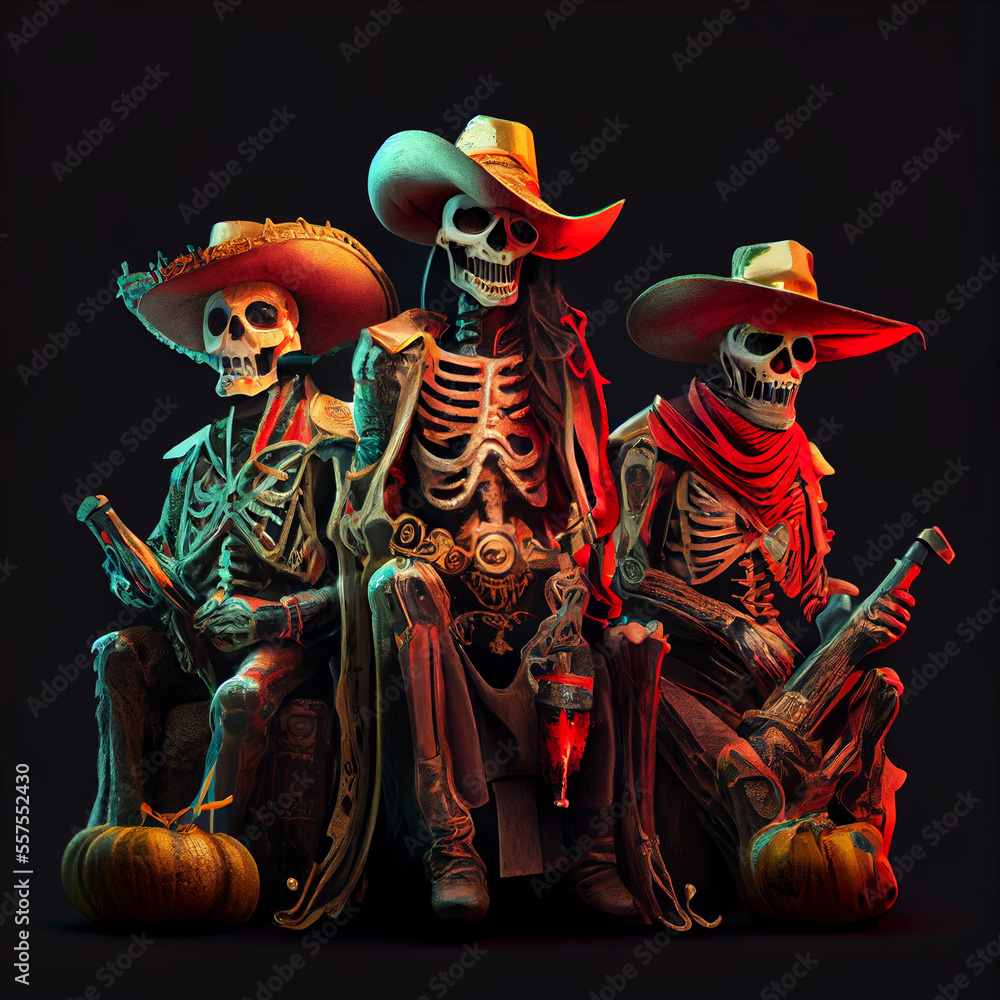 Three skeletons wearing cowboy hat, santa muerte, generative ai Stock ...