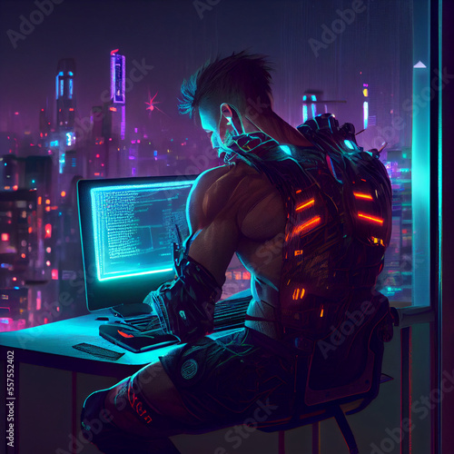 Futuristic vision of man with computer view view to future city, generative ai