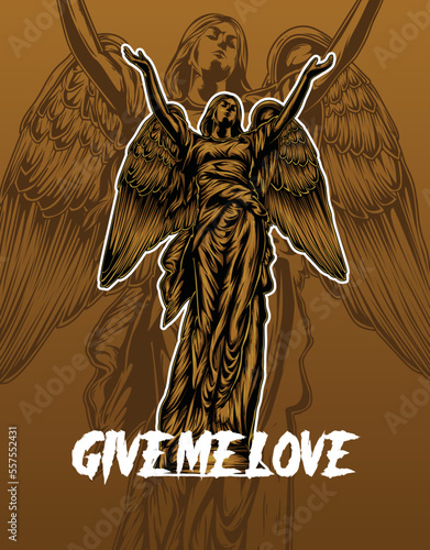 heaven slogan with angel statue on golden background
