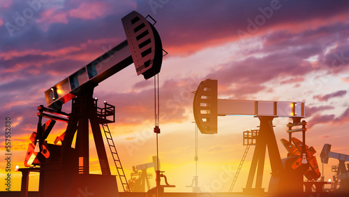 Leinwand Poster Oil pumps at sunset