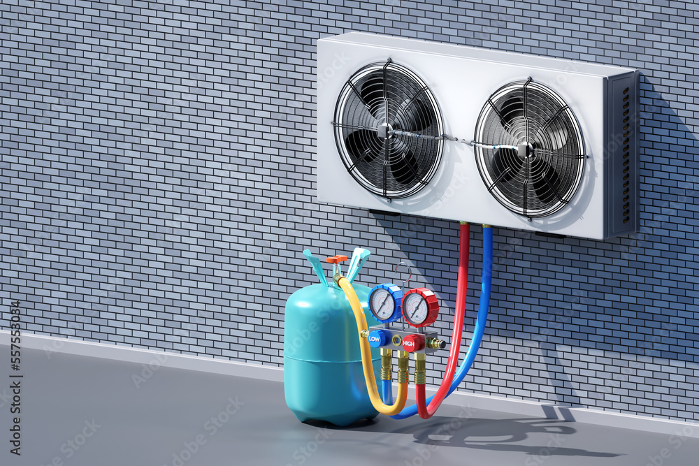 Freon balloon with brick wall. Cylinder with Freon gas near conditioner