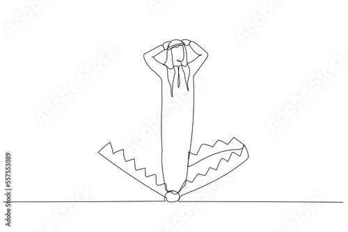 Illustration of arab man standing being caught in mouse trap metaphor of business risk. One continuous line art style