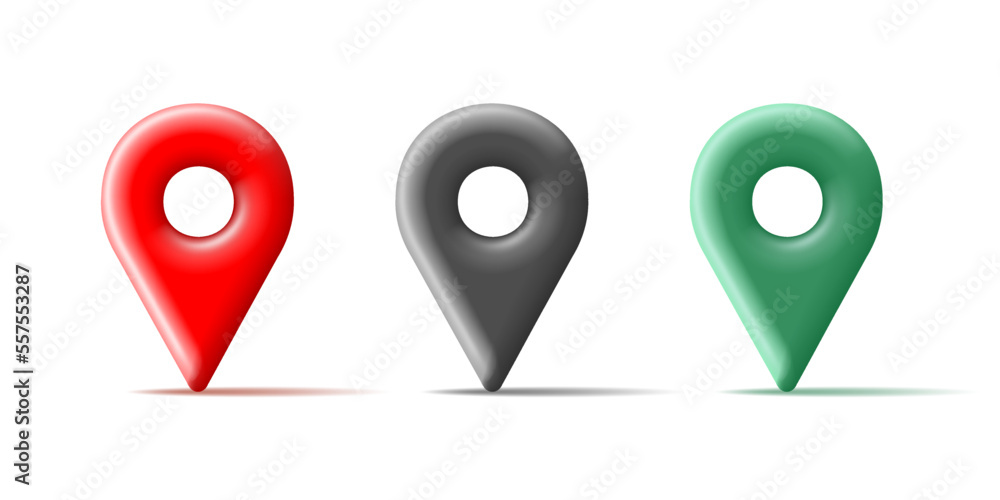 3D map location pin pointer icons set in red green and black colors. Isolated on a white background. 3D map location pin pointer icons set in red green and black colors. Isolated on a white background.