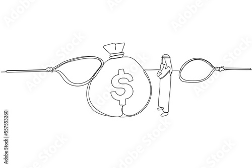 Illustration of arab man looking into big money bag standing among trap. One continuous line art style