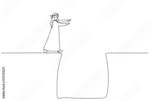 Drawing of blindfolded arab man walking into deep hole concept of uncertainty in business. Single line art style