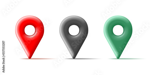 3D map location pin pointer icons set in red green and black colors. Isolated on a white background.