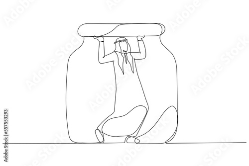 Drawing of arab man trapped in a jar concept of business limitation. Single line art style