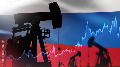 Growth oil production in Russia. Silhouette oil pumps with flag of Russia. Graph petroleum production increase. Extraction of crude oil brand Urals. Export of energy resources from Russia. 3d image.