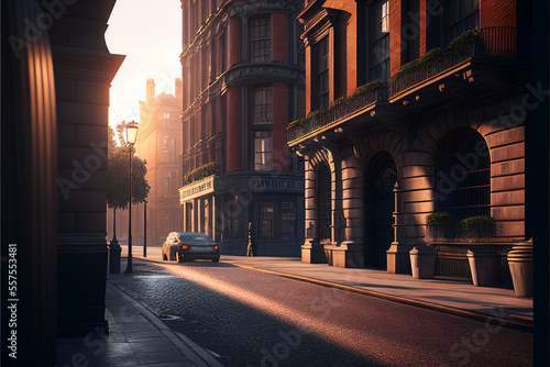 3d image of London Streets with old and vintage cars   Hyper realistic vintage London streets   Golden Hour   Ai Generated   3d image   Photorealism   Street photography © MuhammadAns