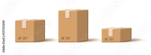 3D cardboard closed box icon set packed and ready for shipnemt delivery of different sizes, small medium large