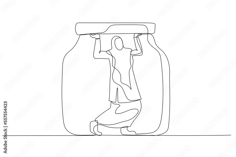 Illustration of muslim business woman trapped in a jar concept of business limitation. Single continuous line art style Illustration of muslim business woman trapped in a jar concept of business limitation. Single continuous line art style