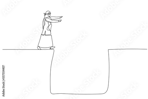 Illustration of blindfolded muslim business woman walking into deep hole concept of uncertainty in business. Continuous line art style