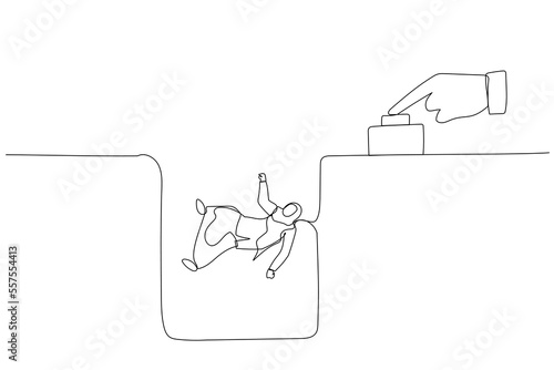 Drawing of big hand push button make muslim business woman dropped concept of layoff failure. One continuous line art style