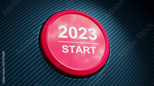 Start 2023. Happy New Year button. 3D illustration