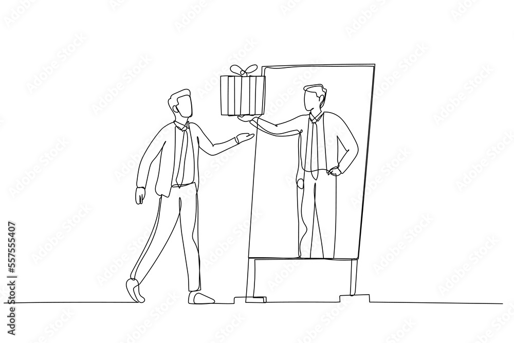 Cartoon of businessman giving reward to self when achieving goal celebrate victory. One line style art
