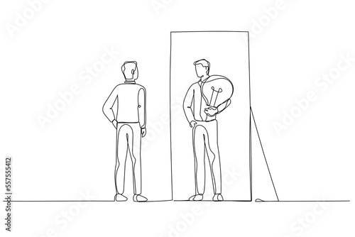 Drawing of businessman getting bright business idea solution after inner talk. Continuous line art style