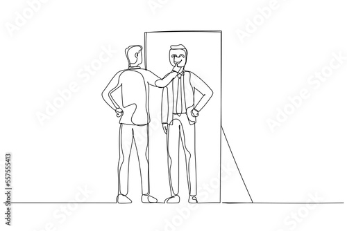 Cartoon of businessman putting mask into self reflection concept of impostor syndrome. One continuous line art style