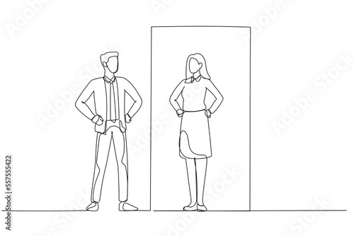 Drawing of businessman looking at opposite gender of self on mirror reflection. Single continuous line art style