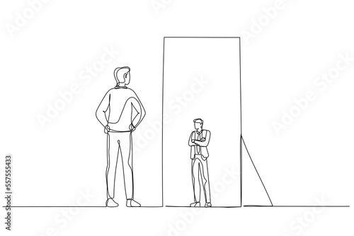 Cartoon of businessman looking at the mirror seeing timid mini version of self. One line art style