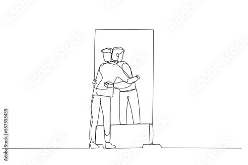 Drawing of businessman hugging own reflection on the mirror concept of self love. Continuous line art