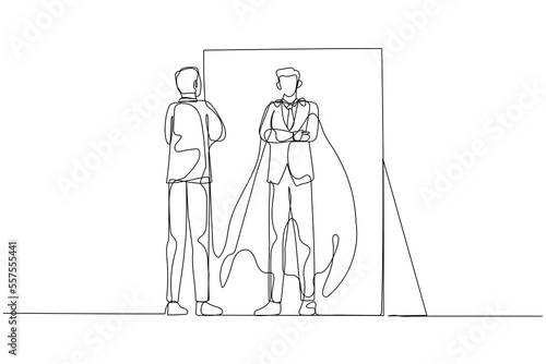 Illustration of businessman reflect self looking into inner strength in mirror. Single continuous line art