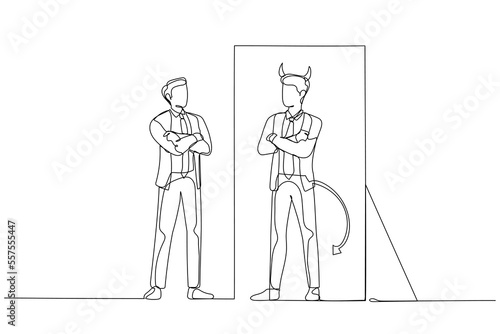 Cartoon of businessman looking into inner demon devil concept of double personality. One continuous line art style