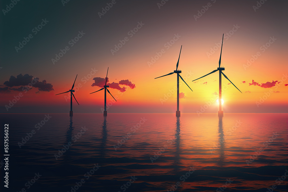 renewable energy with wind turbines on the sea. generative ai