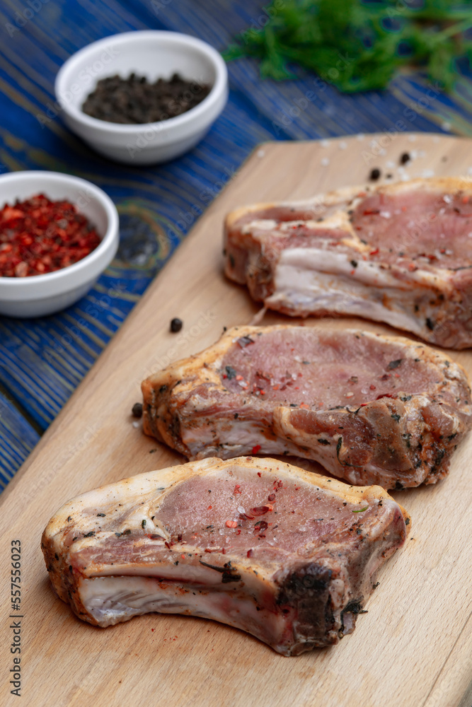 Fresh pork with ingredients for cooking on blue background