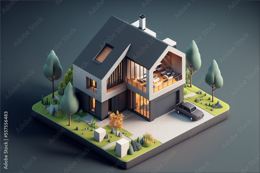 Illustrated 3D icon representation of a isometric modern house – Create with generative AI technology